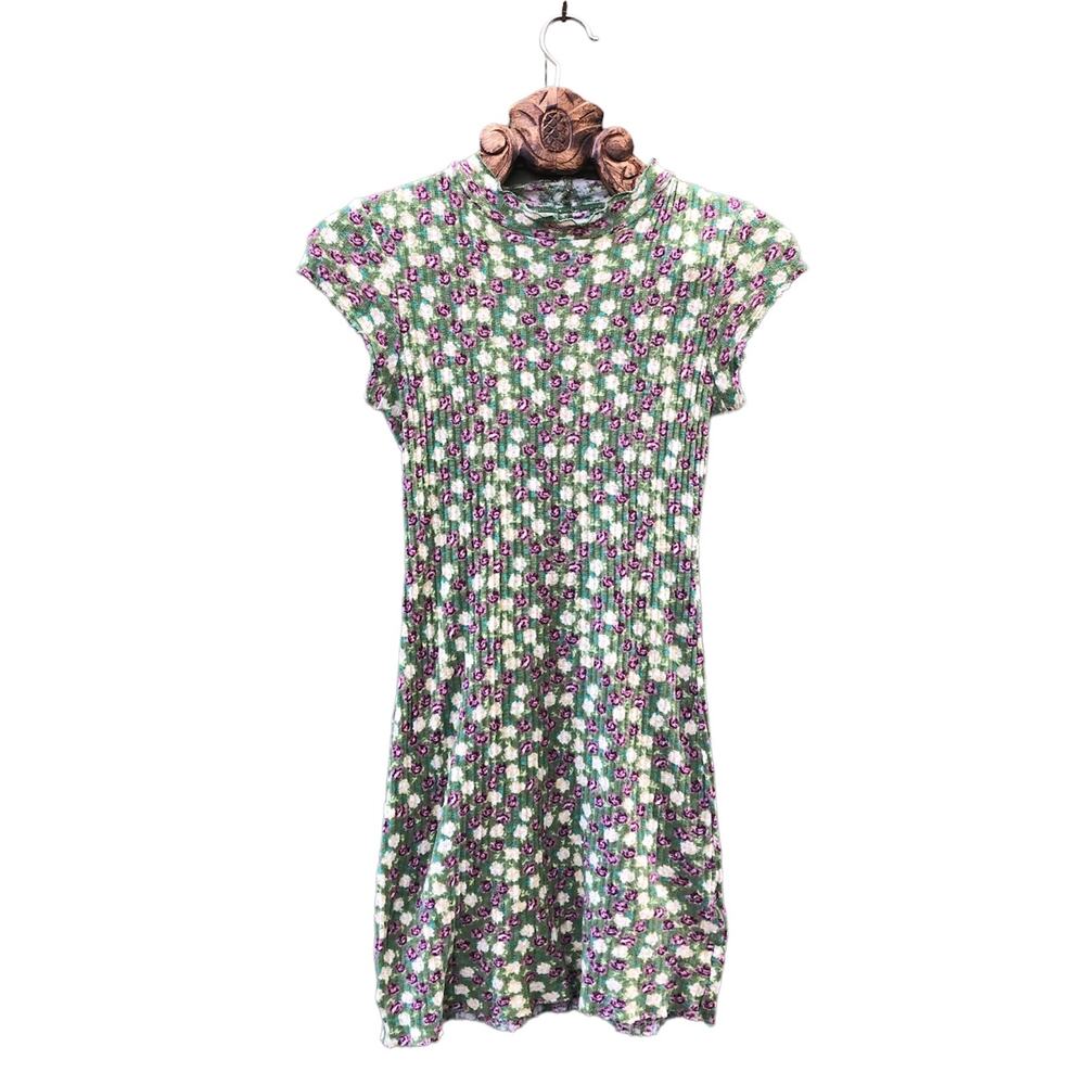 Urban Outfitters Mini Dress Rib Bodycon Floral Mock Neck Ruffle Lettuce Raw Hem